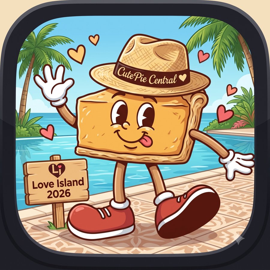 The CutiePie Central cheesecake mascot in a straw hat, waving beside a Love Island 2026 sign.